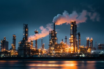Oil Refinery Plant Emitting Light Smoke at Dawn