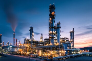 Naklejka premium Oil Refinery Plant Emitting Light Smoke at Dawn