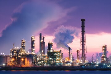 Obraz premium Oil Refinery Plant Emitting Light Smoke at Dawn