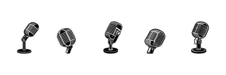 Isolated retro metal microphone and vintage flatware silhouette set design