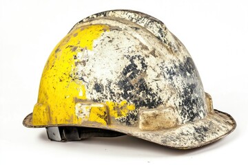 Used safety helmet, heavily soiled and showing signs of weathering