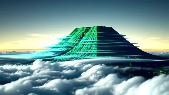 Colossal Emerald Green Cloud Mountain in Celestial Landscape &ndash; Teal Iridescence, Swirling Silver Clouds & Golden Luminescence Stock video 