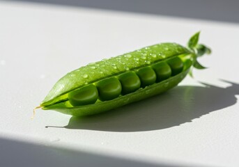 Fresh green pea pod with water droplets on white surface