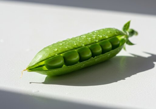 Fresh green pea pod with water droplets on white surface