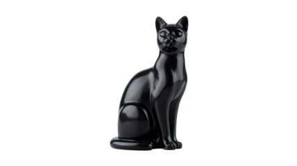 Glossy black ceramic cat figurine sitting upright on a white background