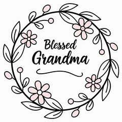 Obraz premium Black outlined floral wreath with pink blossoms showcases the words Blessed Grandma