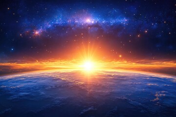 Obraz premium Sunrise over Earth from space, vibrant colors, and celestial bodies