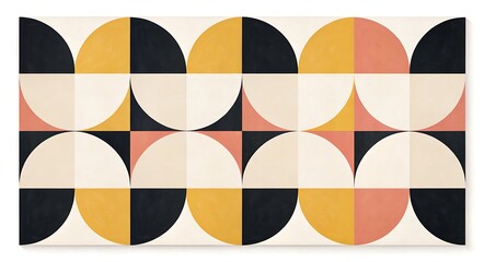 Retro Geometric Pattern with Circles and Squares in Black Mustard Yellow Salmon Pink and Cream for a Mid Century Modern Aesthetic