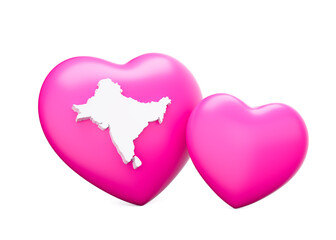 Shiny Pink Hearts With White Map Of Subcontinent Isolated On White Background 3d Illustration