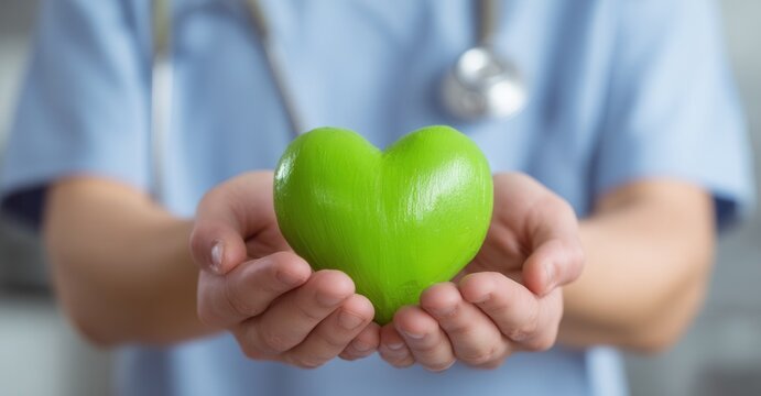 A compassionate caregiver holds a vibrant, green heart, symbolizing health, hope, and care, while wearing a medical coat and stethoscope.