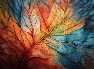 Vibrant leaf art with textured background. Colorful veins and segments create an abstract painted foliage design. Rich hues of orange, blue, and yellow blend.