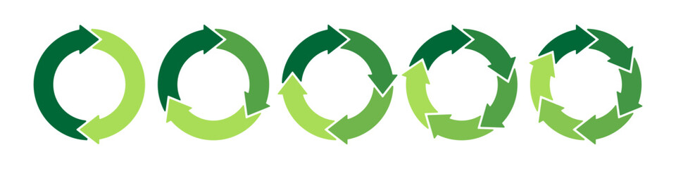 Green circle transition stages. Circular arrows. Diagram infographic set. Rotation cycle vector 2, 3, 4, 5, 6, parts. Cyrcle, process, and flow concept