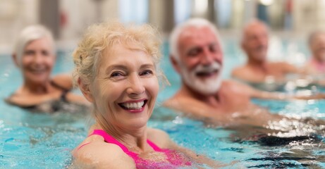 Senior group exercise class in an indoor pool, woman in foreground smiling. Water aerobics provides a fun way to stay active and social.