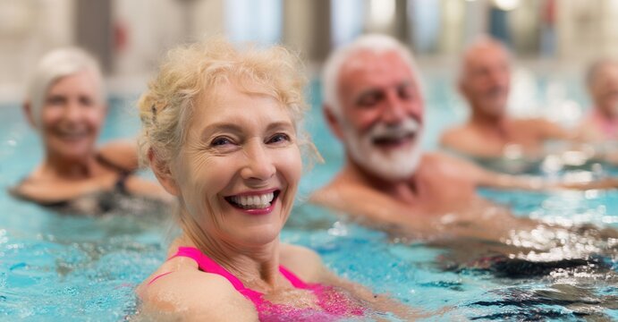 Senior group exercise class in an indoor pool, woman in foreground smiling. Water aerobics provides a fun way to stay active and social.