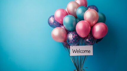 Pastel Balloons Against a Azure Background with a Welcome Message for Celebratory Occasions and Festive Decor, Perfect for Greeting Guests