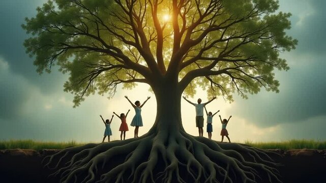 People Celebrating Under Majestic Tree at Sunset