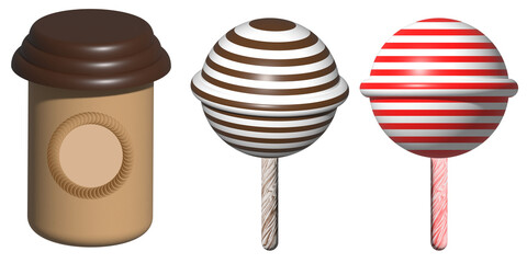 Coffee Paper Cup and Striped Lollipop on Stick With Twisted Candy Isolated in PNG on a Transparent Background, Perfect for Sweet-Themed Designs, Posters or Product Mockups