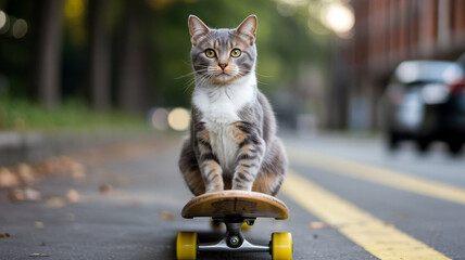 Tabby cat posing on a skateboard in a park path with blurred green and warm-toned background