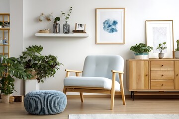 Fototapeta premium Living room mock up frame armchair pouf decor photo 