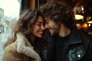 Loving european couple enjoying date in coffee shop, man and woman sitting, touching foreheads and smiling, side view