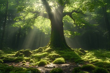Sunlight streams through ancient forest
