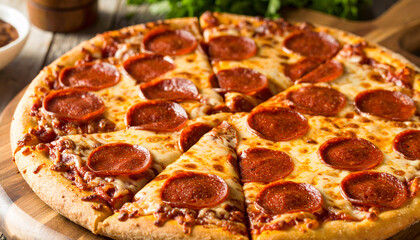 Pepperoni Pizza Delight: An inviting close-up of a freshly baked pepperoni pizza, offering a tempting slice of culinary perfection on a rustic wooden board. 