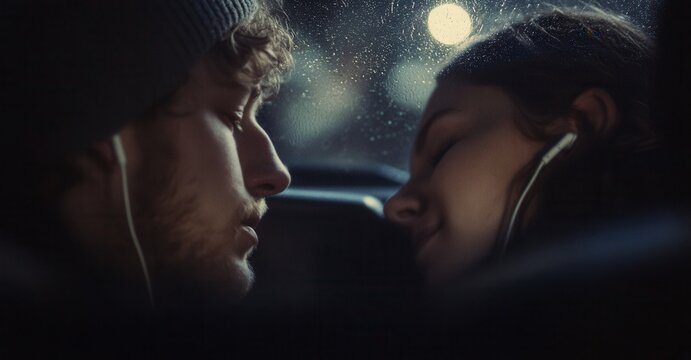 Intimate moment between a couple in a car, faces close, sharing headphones, window with raindrops, moody and romantic lighting
