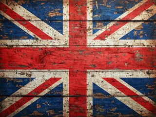 Fototapeta premium Distressed Union Jack flag on weathered wood.