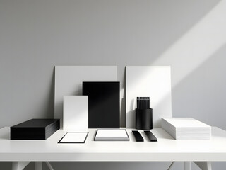 A set of monochrome office stationery (black and white) neatly arranged on a white table, light gray clean background