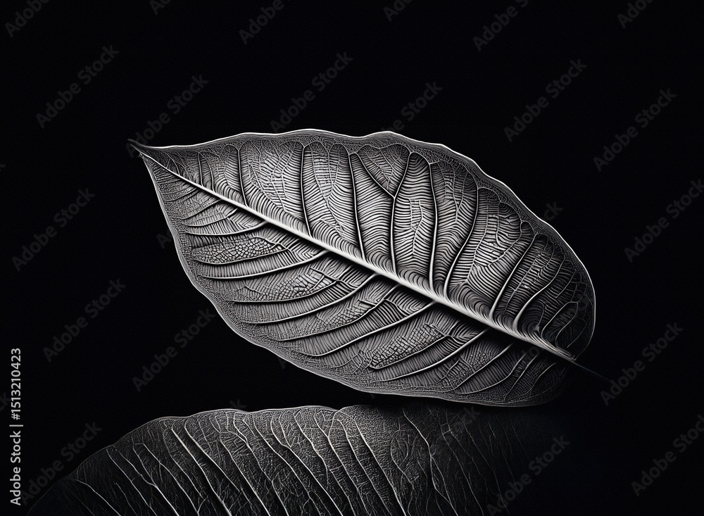 Poster a detailed leaf with prominent veins is centered on a dark background. the sharp contrast with the b