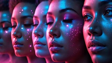 Row of women with glowing makeup under neon pink and blue lighting, showcasing creative beauty and futuristic cosmetic styling
- Powered by Adobe