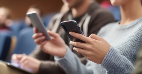 People using mobile devices while seated, possibly attending an event, or a conference, focusing on digital interaction and engagement.