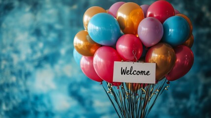 Welcoming Celebration Balloons Against a Textured Teal Backdrop, colorful balloons with a 'Welcome' message create a festive atmosphere