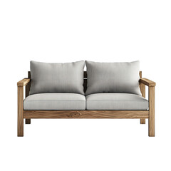 A wooden sofa with gray cushions, front view,  isolated on a transparent background PNG