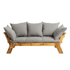 A wooden sofa with gray cushions, front view,  isolated on a transparent background PNG