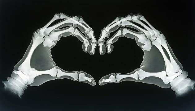 Skeletal hands forming a heart shape