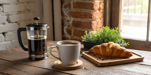 Coffee and croissant on rustic wooden table