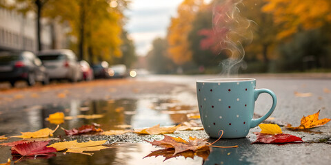 Autumn mug and leaves on wet street
