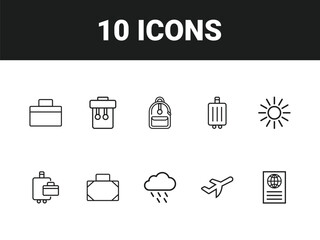 Holiday line icon set. Set of outline icons related to vacations, beaches, career bags, tourist transportation, tourism, travel and others. Vector illustration.