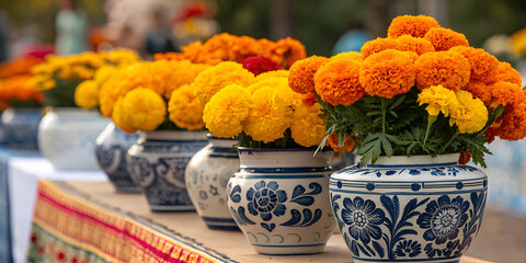 Marigold flowers in ceramic vases on table