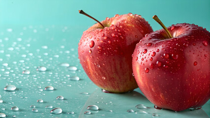 Red apples with water droplets and turquoise backdrop