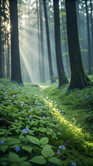 Forest floor with blue flowers and sunbeams