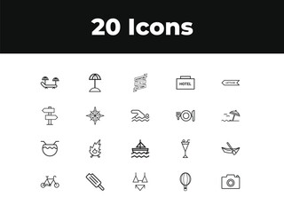 Holiday line icon set. Set of outline icons related to vacations, beaches, career bags, tourist transportation, tourism, travel and others. Vector illustration.