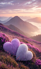 Heart shapes on flower bed with pastel mountains