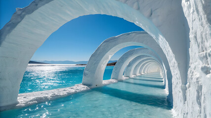 Ice arches over turquoise water under blue sky