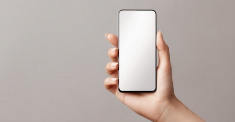 Hand holding a blank screen smartphone. Modern mobile technology and communication device in a neutral environment.