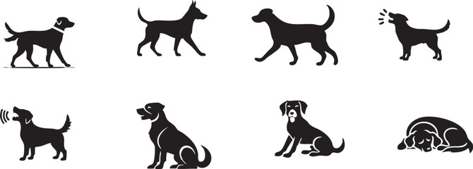 Various black dog silhouettes depicting different poses and actions on a white background in a vector format