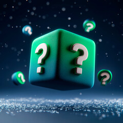 3D visualization of a cute emerald. Icon of a box, with question marks on the sides, floating in the air, symbolizing mystery and curiosity, luxury, matte texture and minimalist design