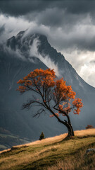 Solitary orange-leaved tree against misty mountain backdrop
