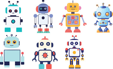 Various colorful cartoon robots standing in rows against a plain white background illustration style